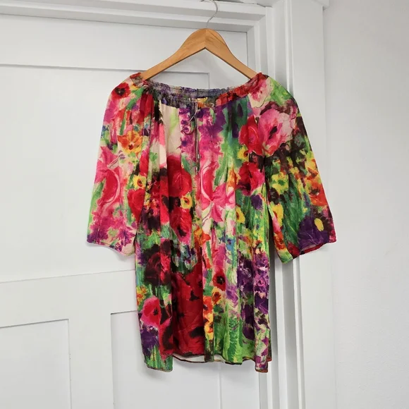 Blumarine Italy Silk Knit Half Sleeve Vibrant Rose Floral Peasant Blouse - Picture 1 of 12